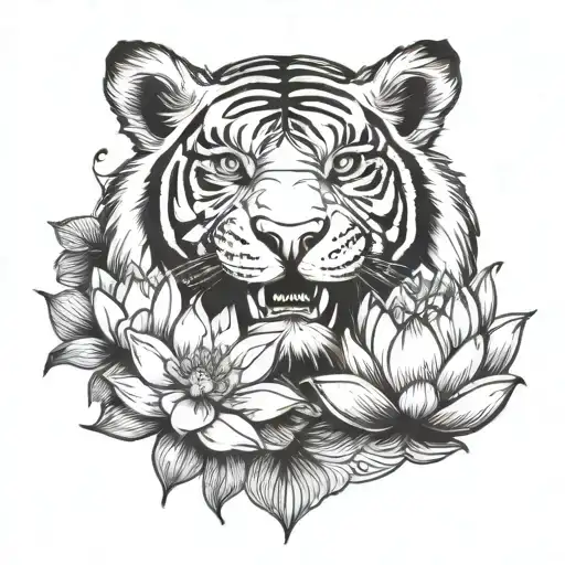 A Tattoo Design Combining A Tiger And A Lotus Flower In A Blackwork Style