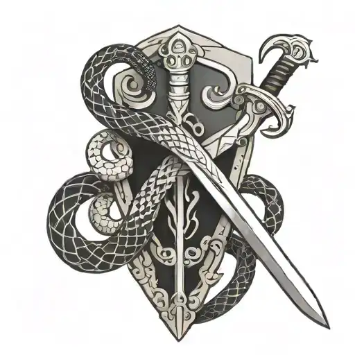 A Sword With Two Snakes Wrapped Behind A Shield