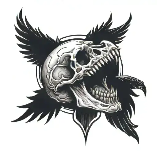 Tattoo Of A Skull With Open Mouth And A Raven Flying Going Out Of The Mouth