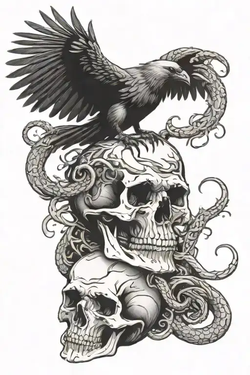 Demonic Crow On Top Of Skull With Snakes