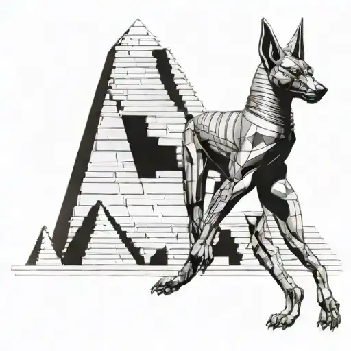 Anubis With Orus And Egyptian Cat In The Background Of The Pyramids And A King Of Ancient Egypt