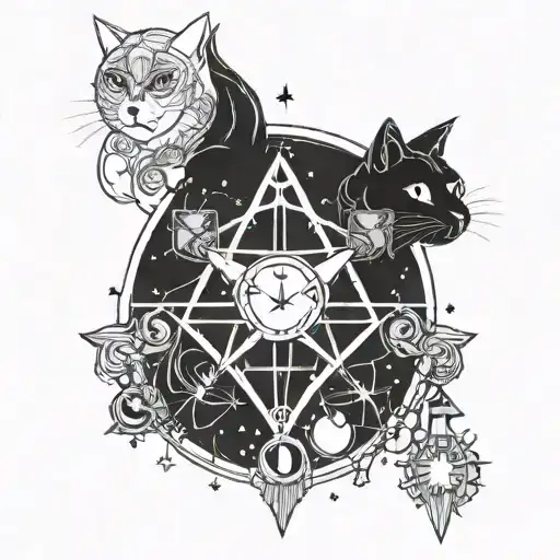 Sailor Moon Inspired Witchcraft Symbol Incorporating Crystals And Cats