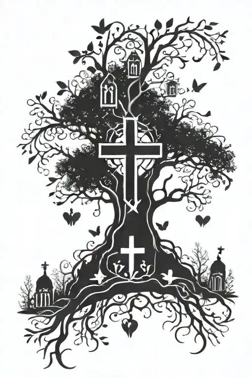 A Stylized Family Tree Intertwined With Religious Symbols Like Crosses And Doves