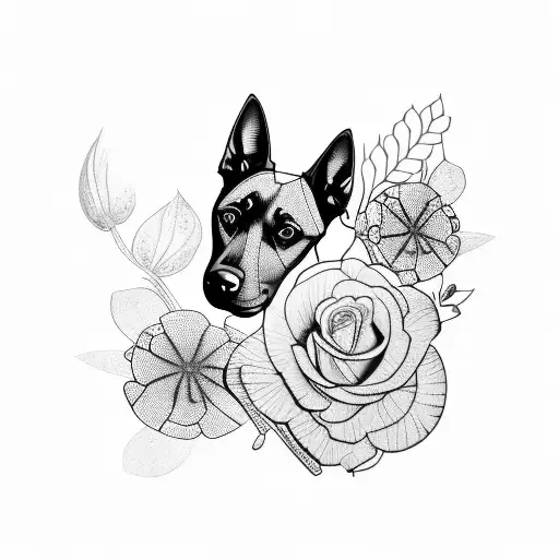 Black Malinois And Flowers