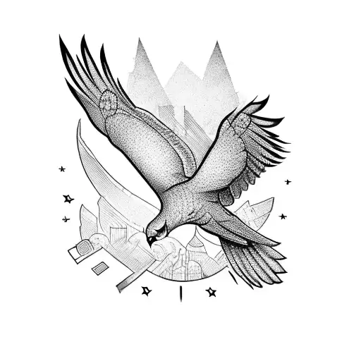 Create A Tattoo Featuring A Hawk Flying Over A City Skyline