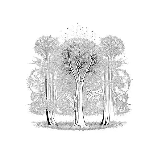 A Mystical Forest Scene With Lilly Of The Valley And Dandelions Intertwined Around An Oak Tree