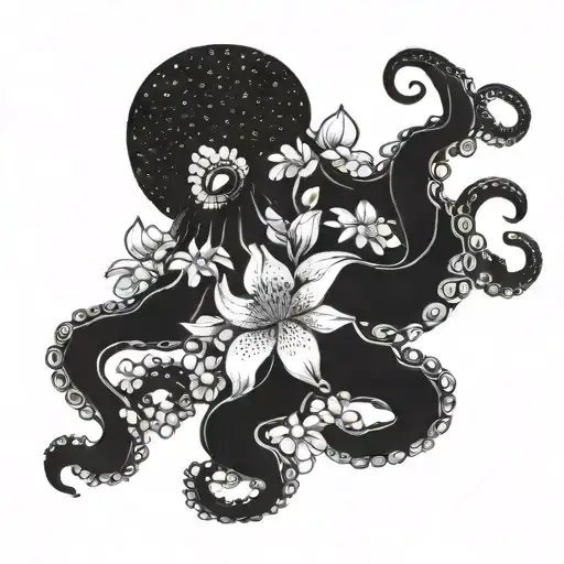 Black Octopus Surrouded By Flowers