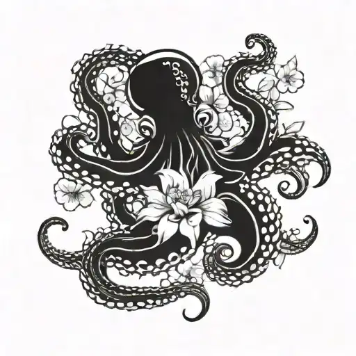 Traditional Japanese Black Octopus And Narcisuss Flower Blooming