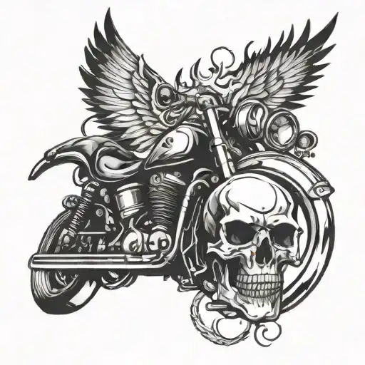 Combine A Motorcycle Engine Piston With A Flaming Skull And Wings For A Unique Tattoo Design