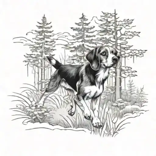 A Detailed Blackwork Tattoo Of A Beagle Dog Running Through A Forest
