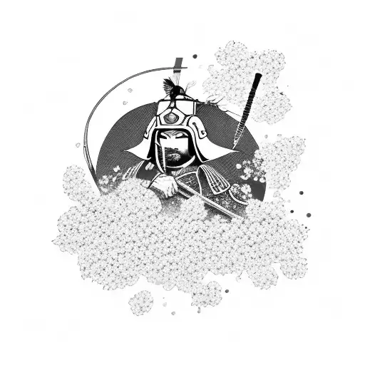 A Traditional Japanese Samurai Warrior In Battle Stance Surrounded By Cherry Blossom Petals