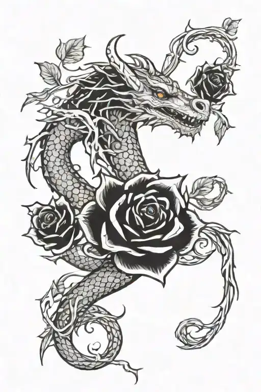 Dragon Entwined With A Rose Vine