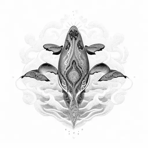 An Intricate Blackwork Design Of A Whale Tail Merging With Ocean Waves