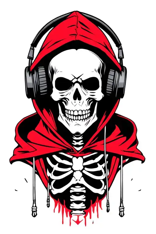 Punk Rock Skeleton Wearing A Red Hoodie While Wearing Headphones