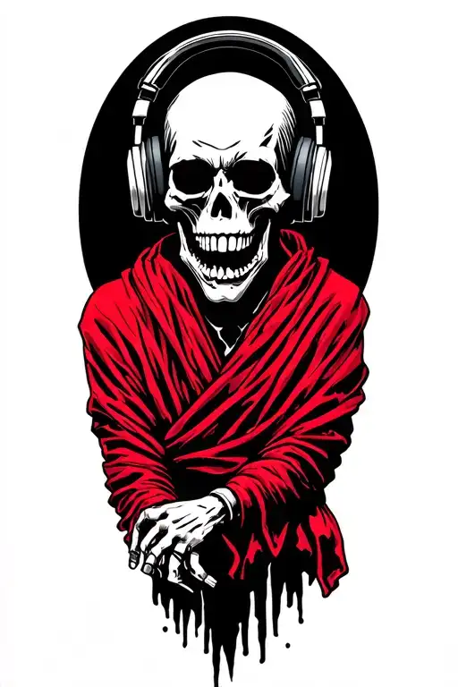 Punk Rock Skeleton Wearing Headphones Over A Red Robe