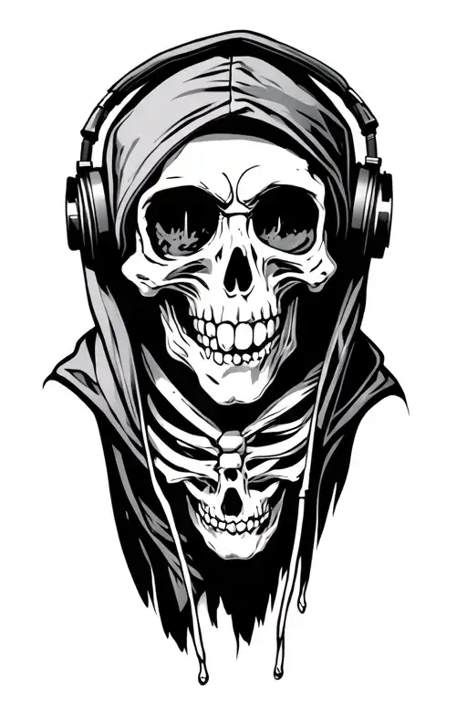 Punk Rock Skeleton Wearing A Hoodie And Listening To Music Through Headphones