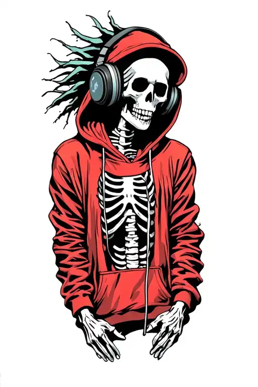 Punk Rock Skeleton Wearing A Red Hoodie And Listening To Music Through Headphones