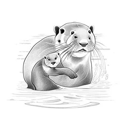 A Mother Otter Using Healing Magic To Tend To Her Playful Pups By The Water's Edge