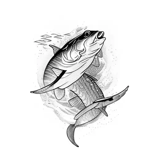 A Detailed Blackwork Tattoo Of A Majestic Pike Fish Swimming In A River