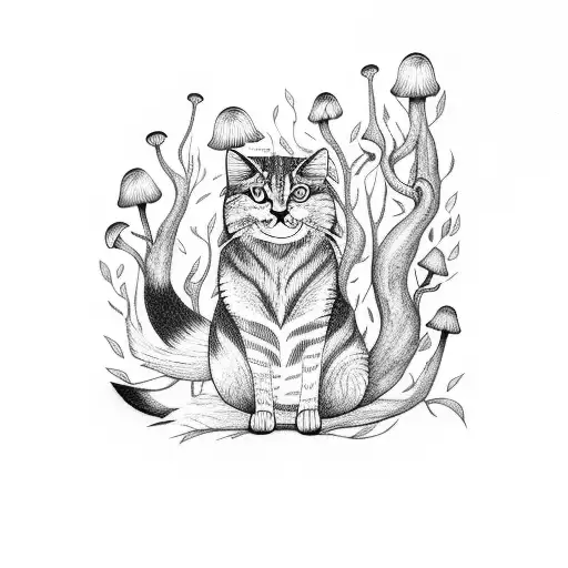 Whimsical Forest Cat With Mushrooms