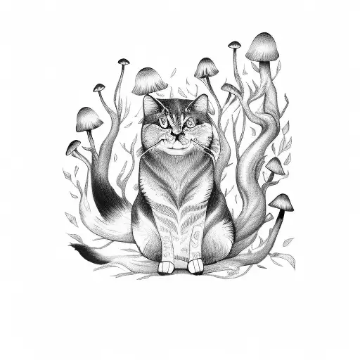 Whimsical Forest Black Cat With Mushrooms