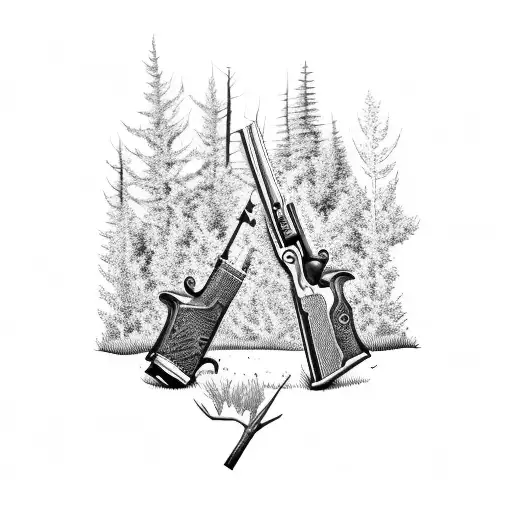 A Detailed Blackwork Tattoo Of A Hunting Rifle Hidden Within A Forest Scene