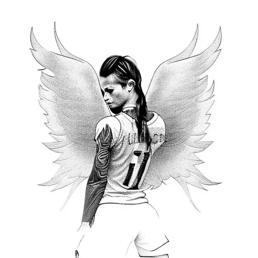 Soccer Player From The Back With Angel Wings Who Kicks The Ball