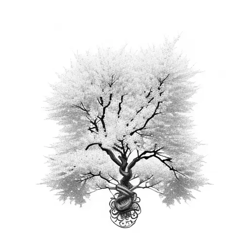 Sakura Tree With Dna Spiral Roots Extending Down