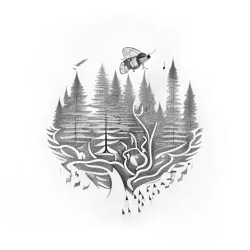 A Mystical Forest With Hidden Musical Elements And Bee's Flying Around