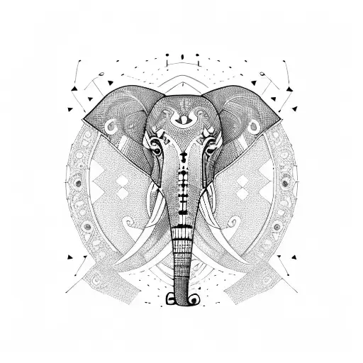 A Geometric Blackwork Tattoo Of An Elephant With Music Notes Forming Intricate Patterns On Its Skin