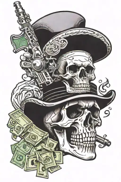Skull Smoking In Hat With Money Gun