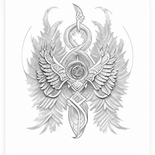 An Elegant Angel Wing Design Incorporating A Pine Cone In Dotwork Style