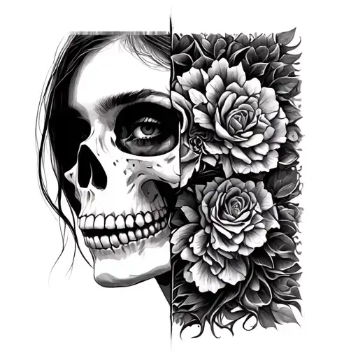 Girl With A Half Face In The Form Of A Skull