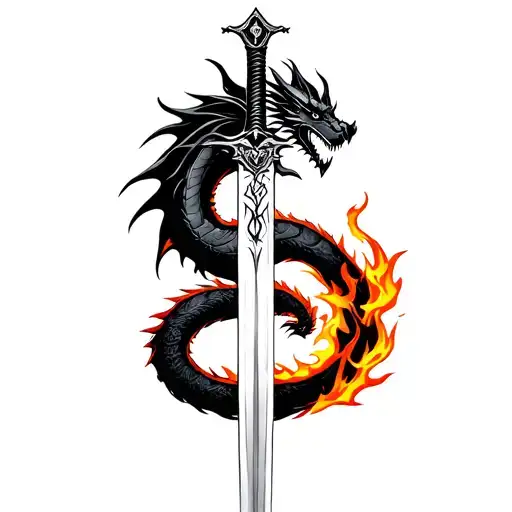 A Legendary Sword Pointed Downwards With A Fire Dragon Coiled To It