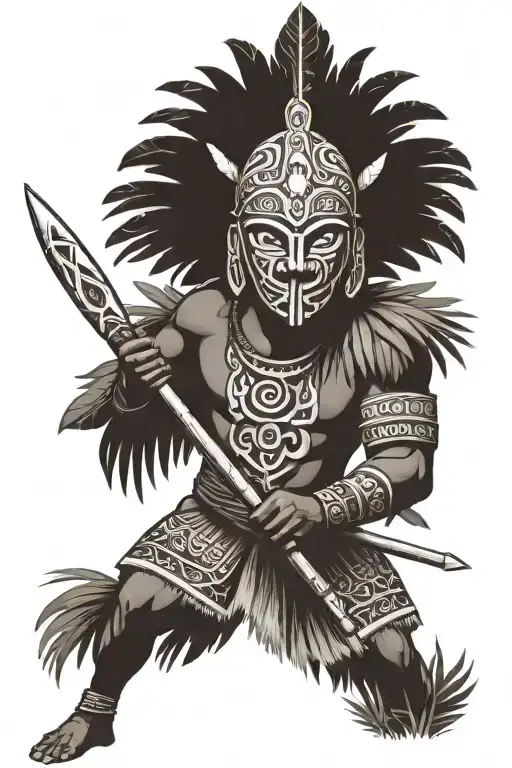 Puerto Rican Male Taino Warrior Weilding A Spear And Shield Wearing A Vejigante Mask In A Jungle