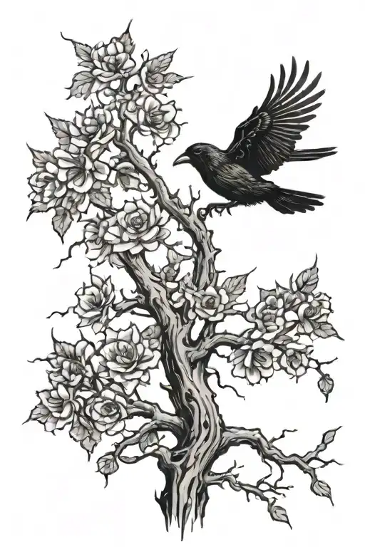 A Dead Tree Or Flower With A Crow Flying Above It