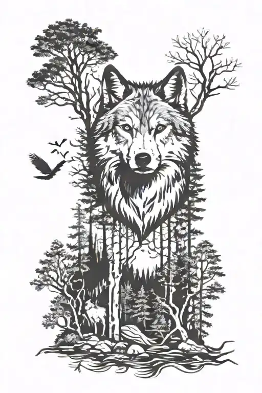 Forest Scene With Wolf Head