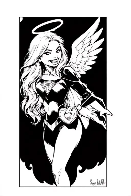 Super Girl Blond With A Halo And Wings Smiling With Fangs Showing And A Human Heart In Her Hand