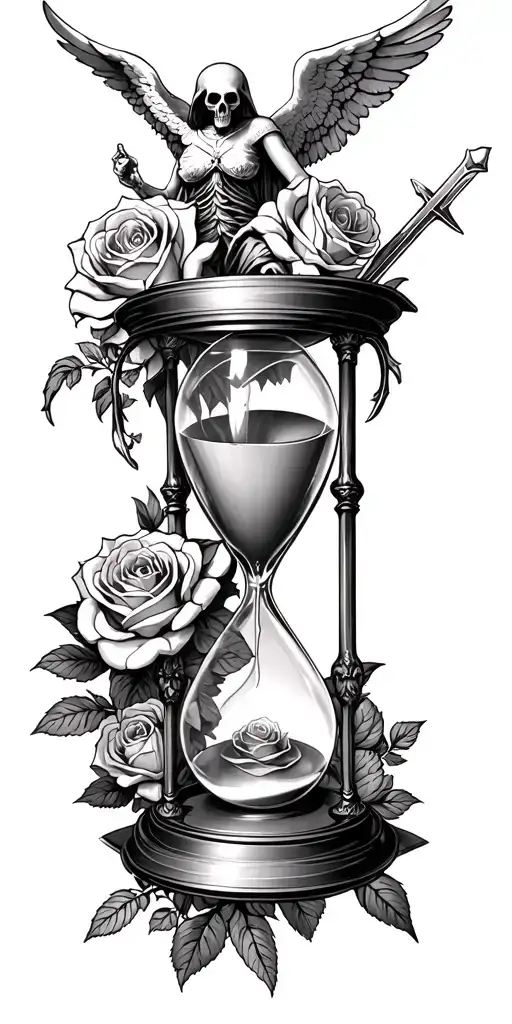 Hourglass Held By Reaper Surrounded By Roses With A Angel With Sword Above