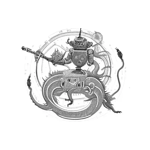 A Futuristic Robot Samurai Battling A Dragon In A Pixel Art Style