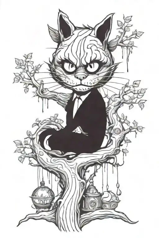 Cheshire Cat With Mechanical Body And Evil Face On Tree