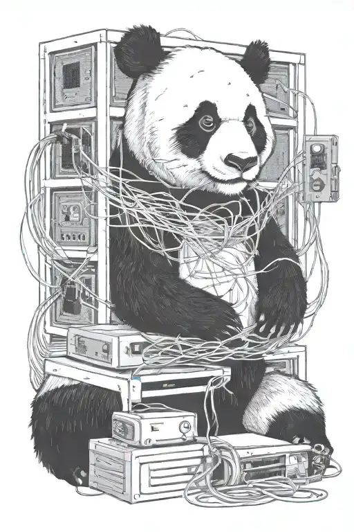 Panda Tangled In Ethernet Wires With Server Racks Behind The Panda