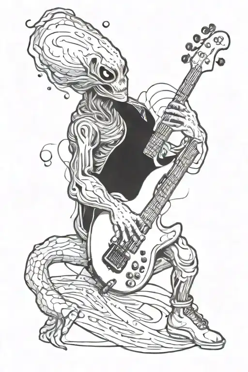 A Cosmic Alien Creature Playing The Bass Guitar In Zero Gravity