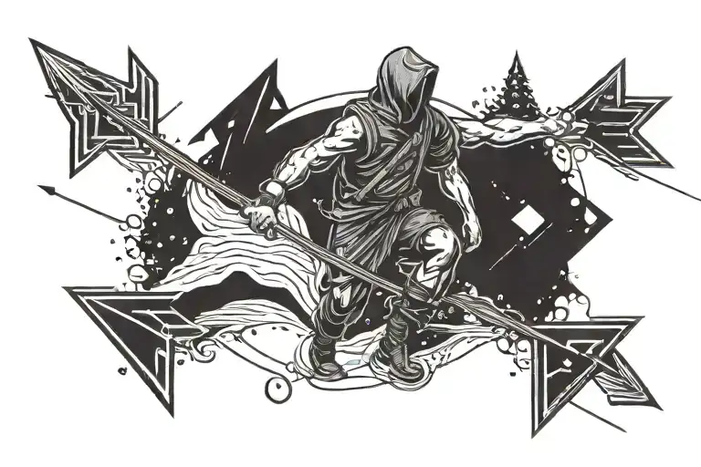 A Man Walking Over An Arrow Almost Falling Off