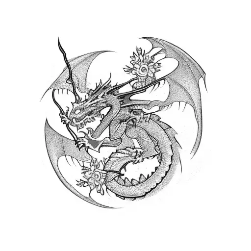 A Dragon Intertwined With A Bouquet Of Flowers