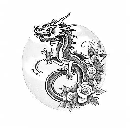 A Dragon Intertwined With A Bouquet Of Flowers