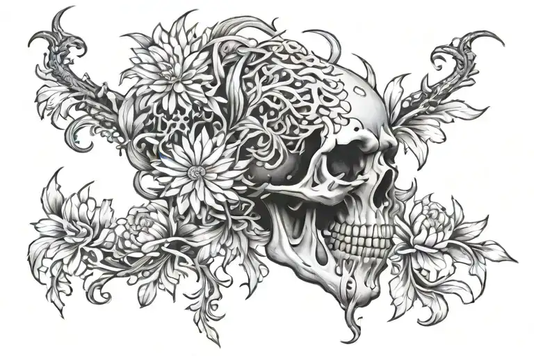 Chrysanthemum Flower Skull Dragon Half Sleeve
