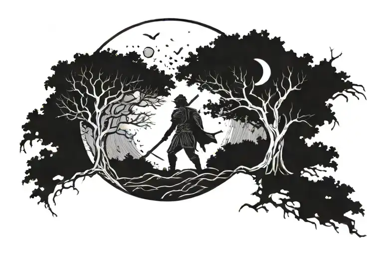 Moon With Tree And A Warrior