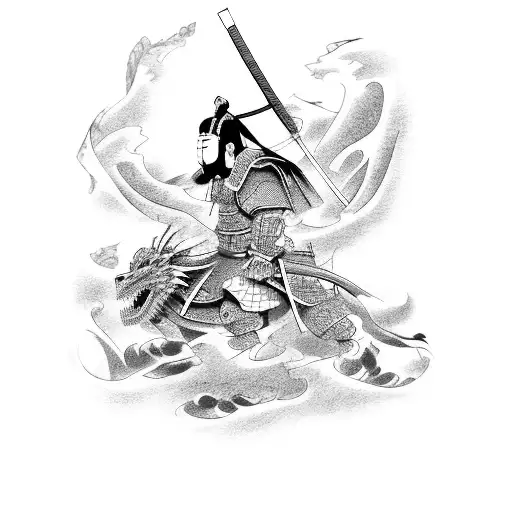 A Japanese Samurai Warrior Battling A Dragon In A Traditional Japanese Landscape