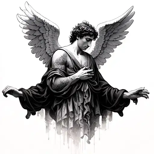 Male Angel With Spread Wings Looking Down With A Design That Goes Downwards